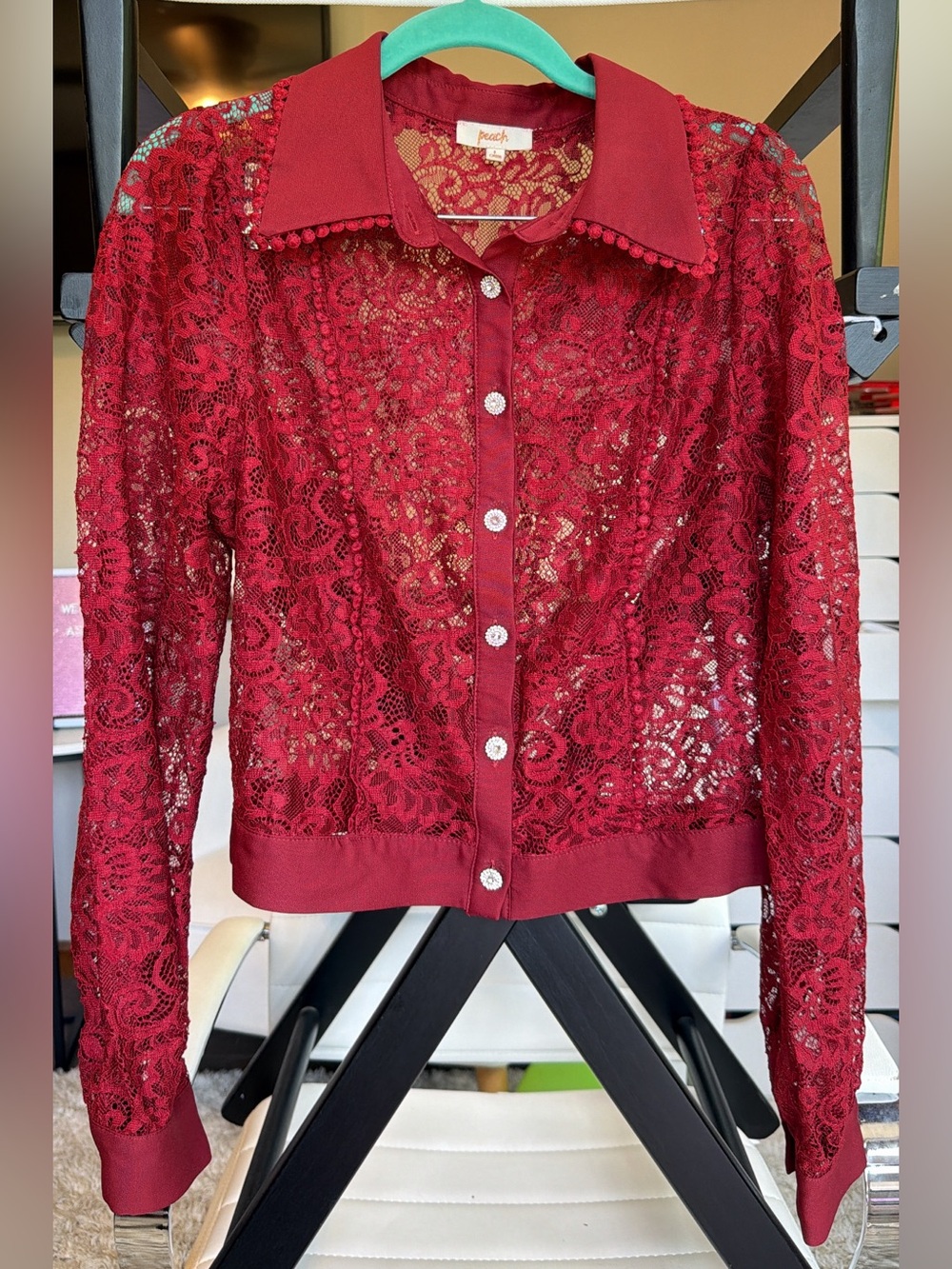 Peach red lace floral button down